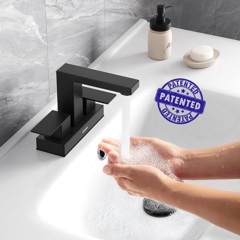 Hurran Matte Black Bathroom Sink Faucet, 4 inch Bathroom Faucets for Sink 3 Hole with Pop-up Drain and Supply Lines, Stainless Steel 2-Handle Faucet for Vanity RV Restroom, 2 Pack - Image 2